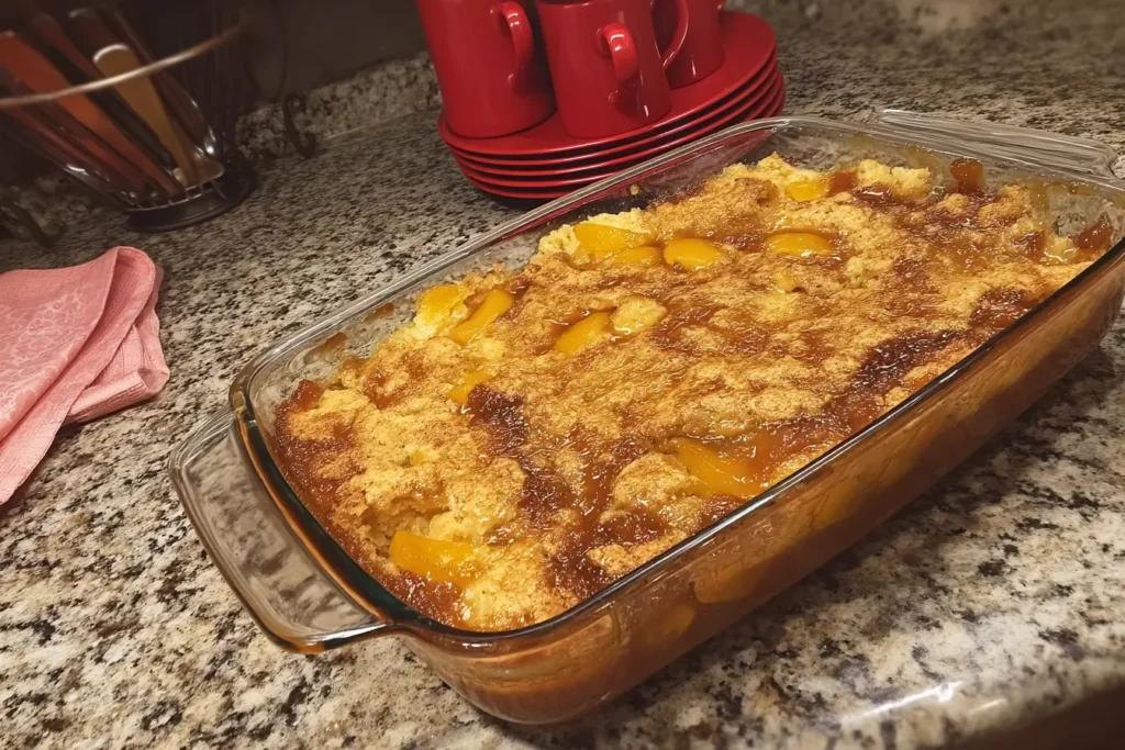 Freshly baked peach cobbler dump cake with golden topping and bubbling peach filling in a glass baking dish on a granite countertop