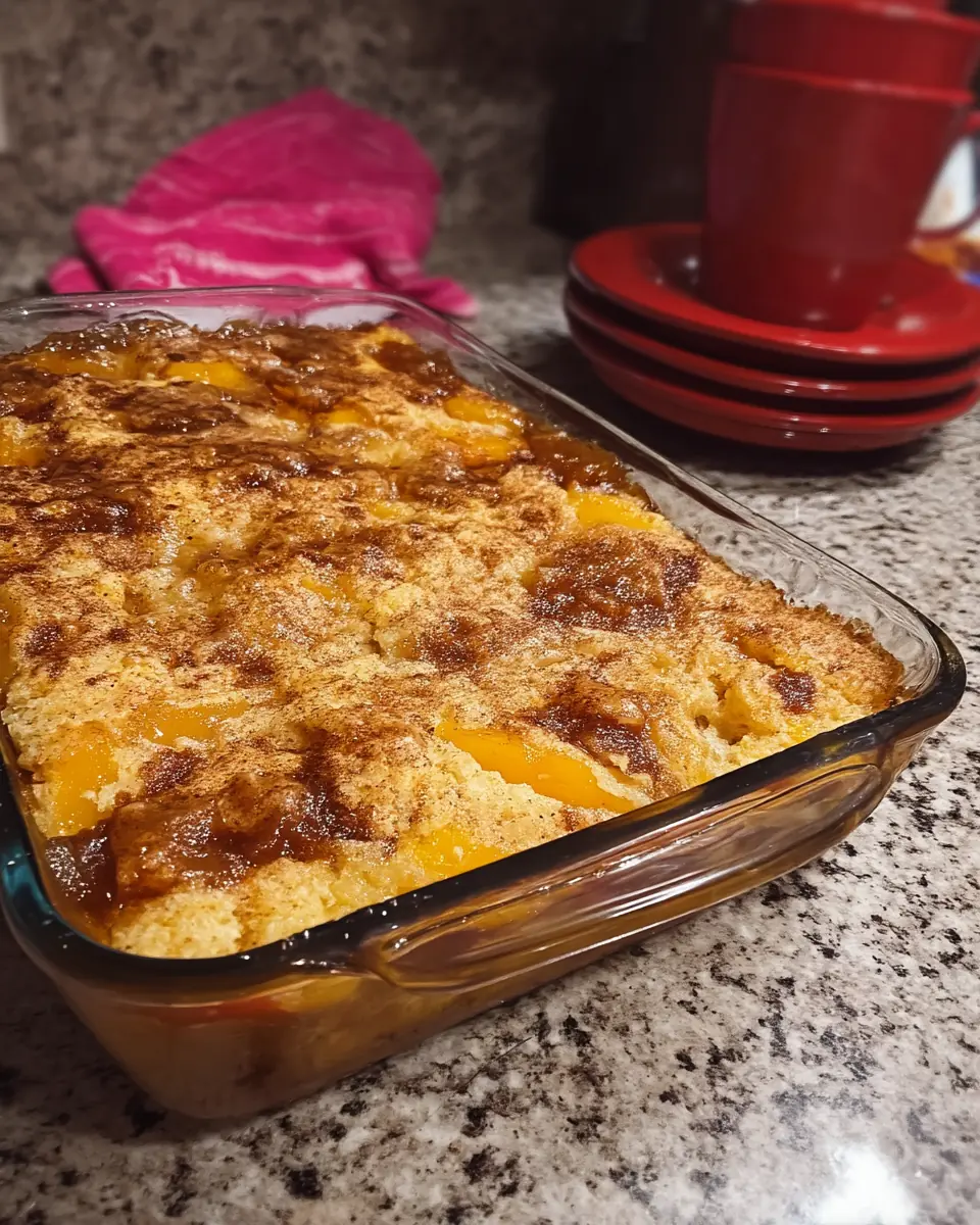 Freshly Baked Peach Cobbler Dump Cake Peach cobbler dump cake with golden crust and bubbling peach filling in a glass baking dish on a granite counter