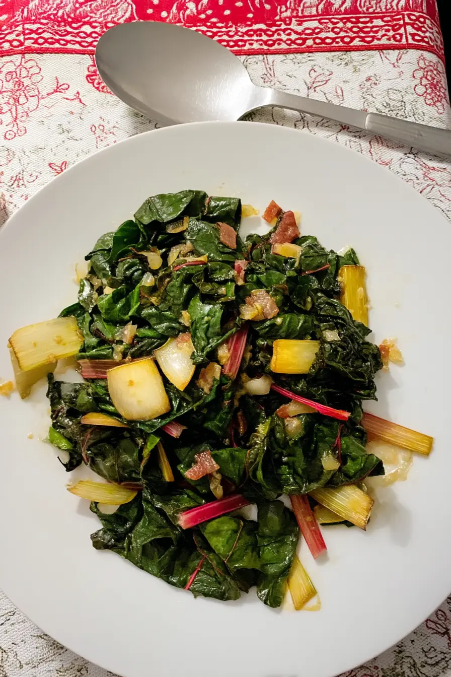 Cooked rainbow chard with garlic and lemon served on a white plate, ready to eat