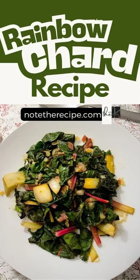 Vertical pin showing a plated rainbow chard recipe with garlic and lemon, topped with colorful stems and greens