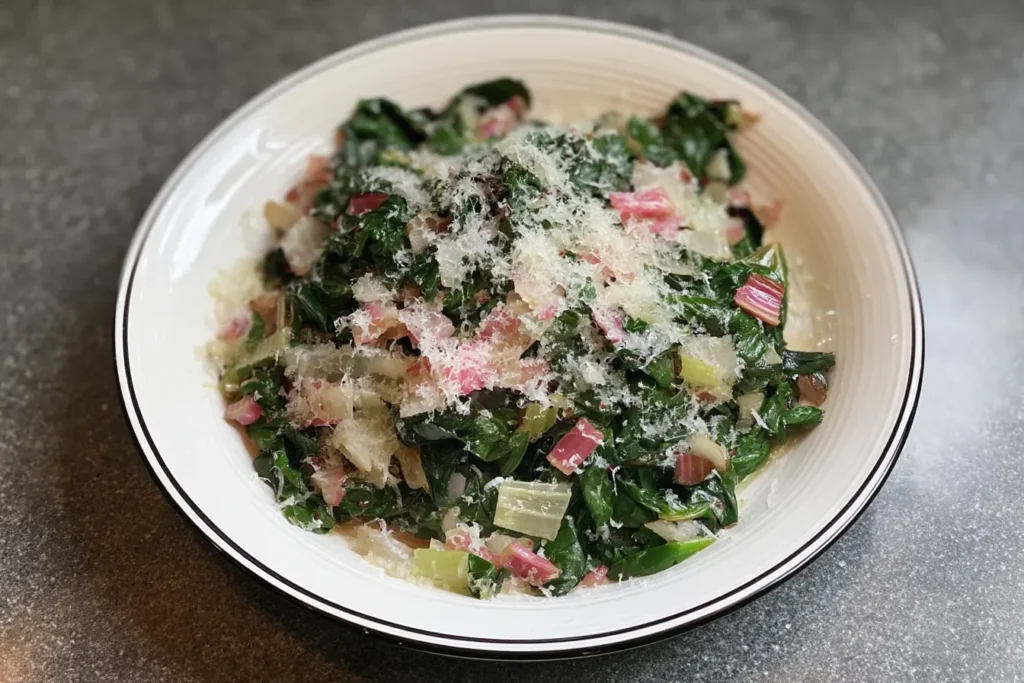 Sautéed Swiss chard with garlic, lemon, and melted Parmesan, served on a white plate