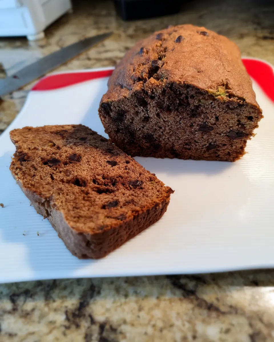 Sliced chocolate chip zucchini bread on a white plate