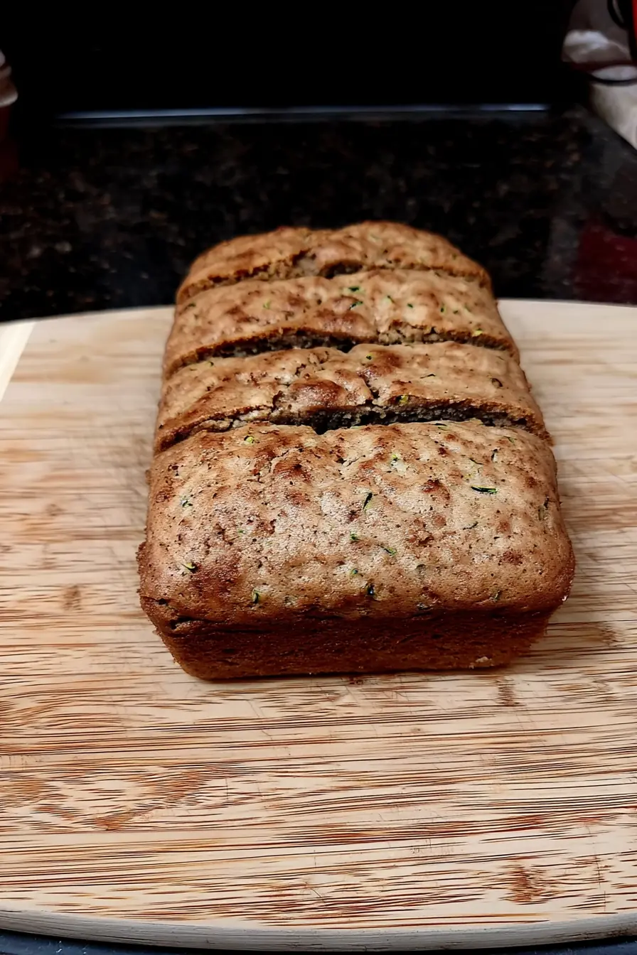 Sliced loaf of moist homemade zucchini bread on a wooden cutting board