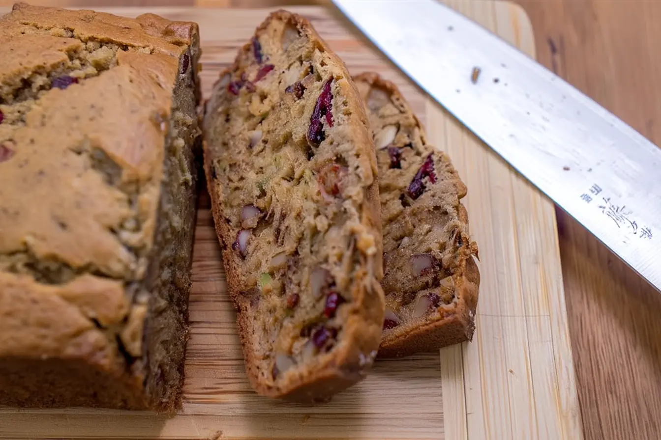 Sliced zucchini banana bread with cranberries and walnuts on a wooden cutting board
