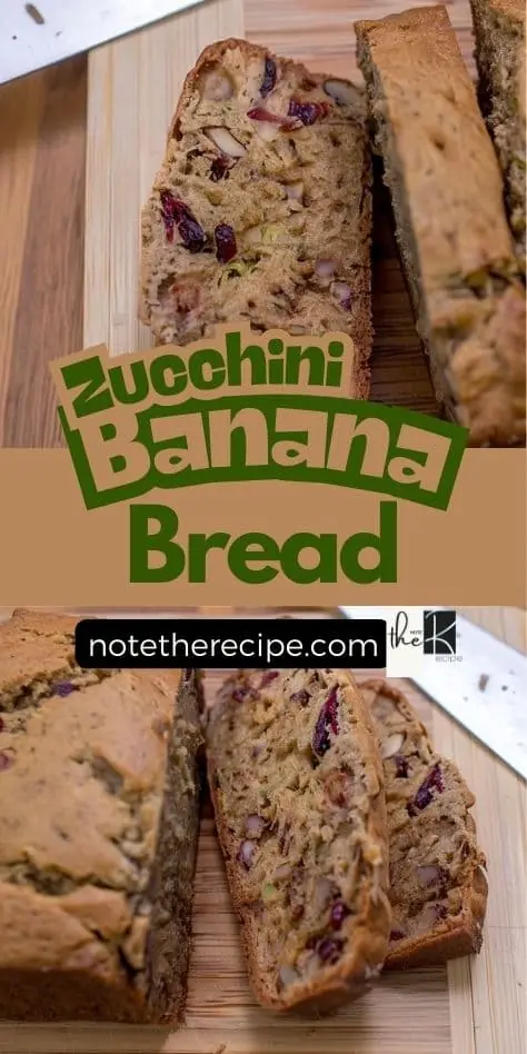Zucchini banana bread sliced on a wooden board with cranberries and walnuts, styled for a recipe pin