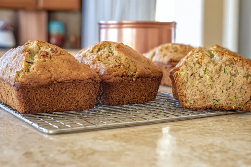 Freshly baked loaves of zucchini bread with applesauce cooling on a wire rack, with a golden crust and visible zucchini shreds inside.