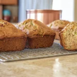 Freshly baked loaves of zucchini bread with applesauce cooling on a wire rack, with a golden crust and visible zucchini shreds inside.