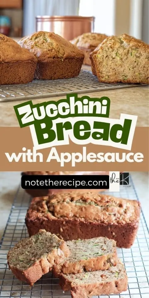 Pinterest graphic showing whole and sliced loaves of zucchini bread with applesauce on cooling racks, labeled with recipe name and website URL.