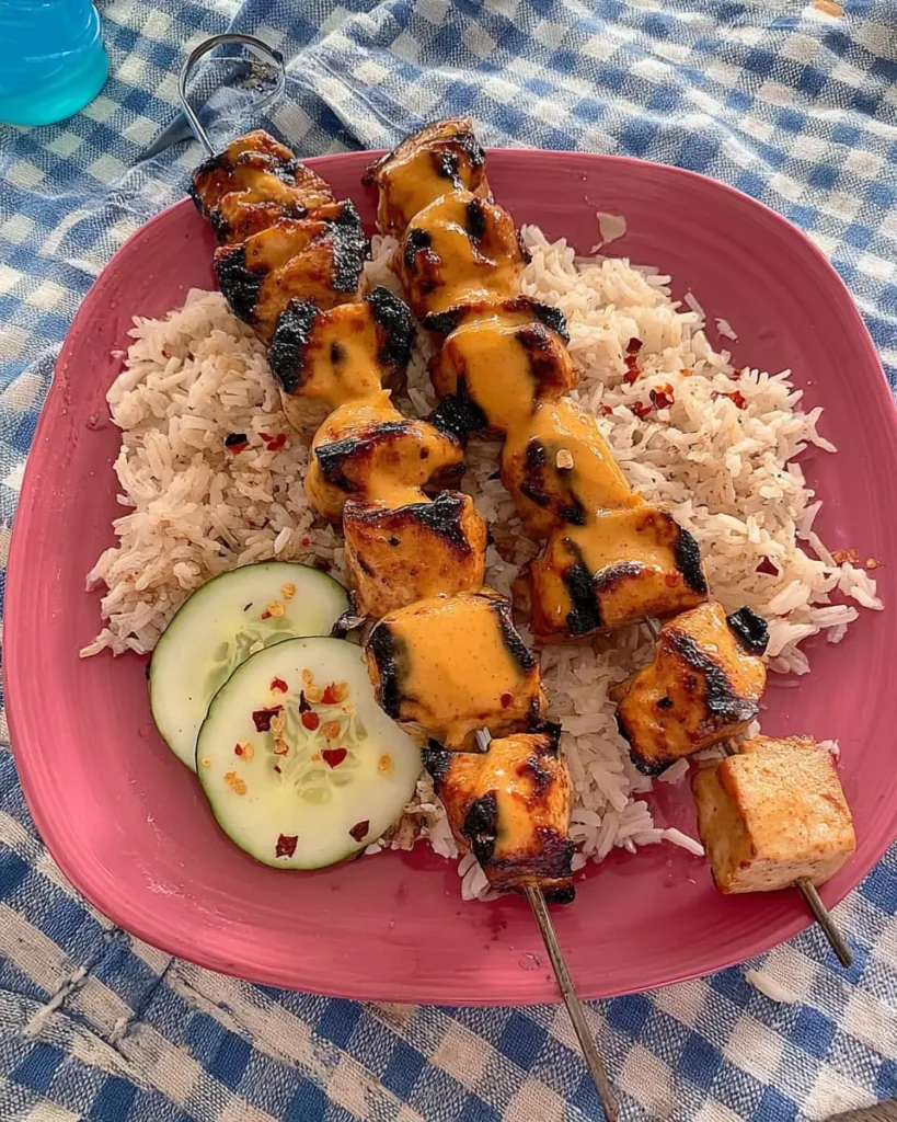 Char-grilled Bang Bang chicken skewers on a pink plate of basmati rice with cucumber slices and chili flakes.