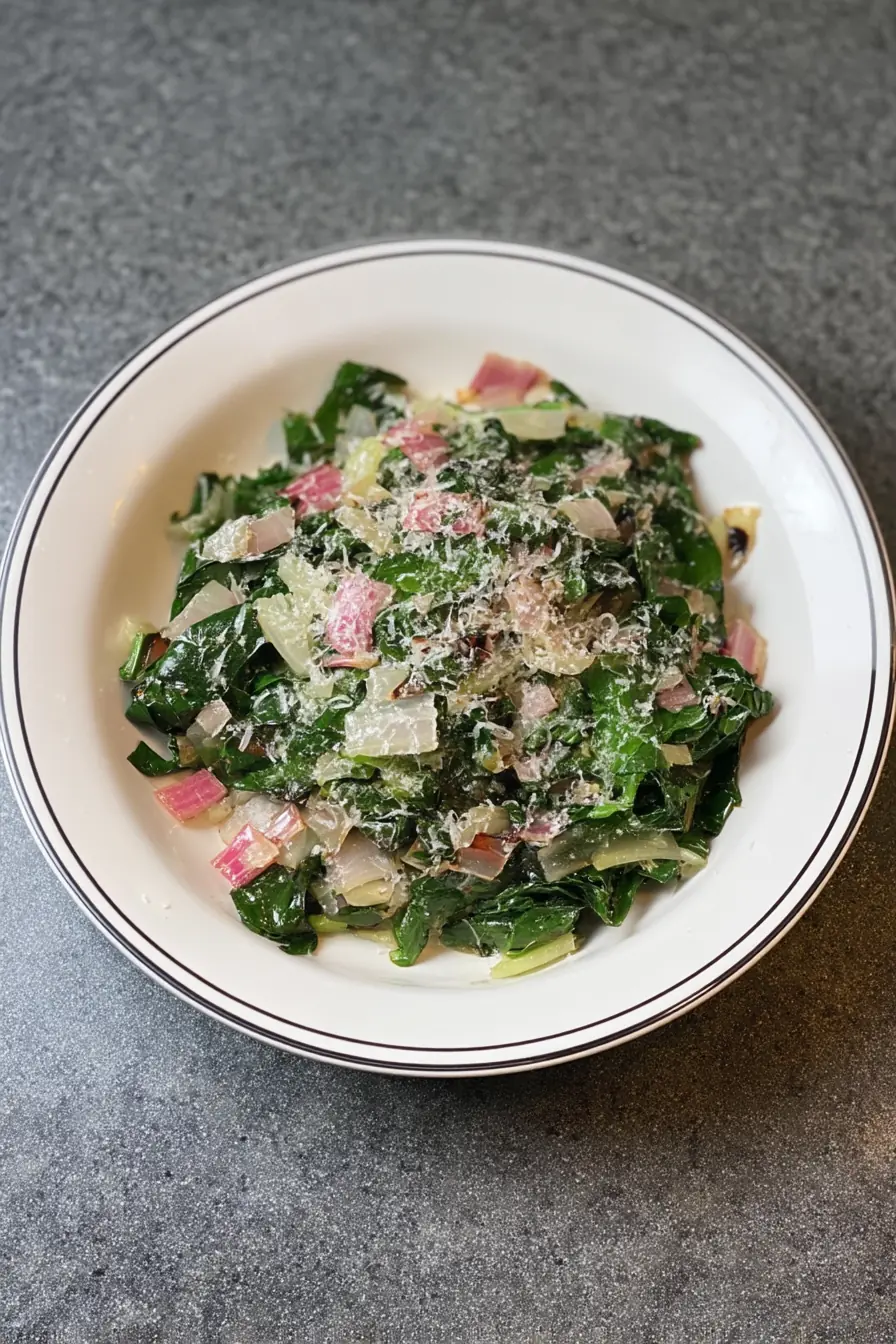 Sautéed Swiss chard with wilted greens, diced stems, and shaved Parmesan served in a white bowl on a gray countertop