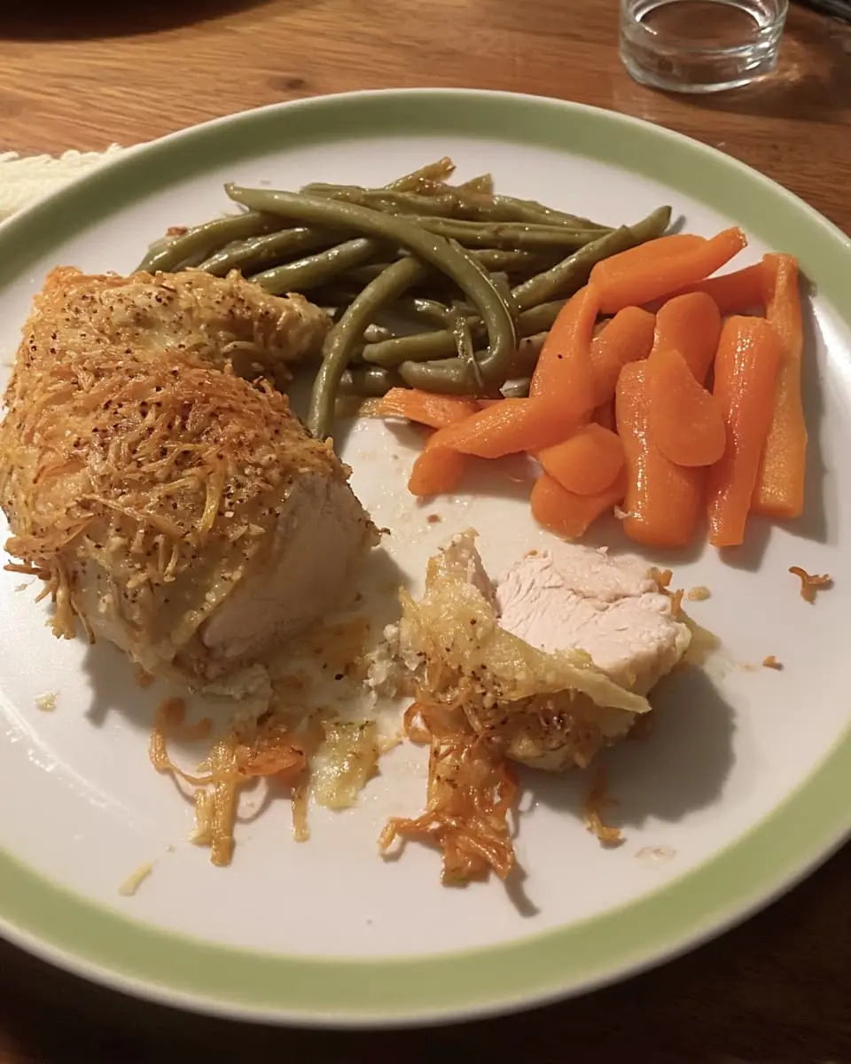 Garlic chicken wrap rollup topped with crispy cheese, served with green beans and carrots on a dinner plate.