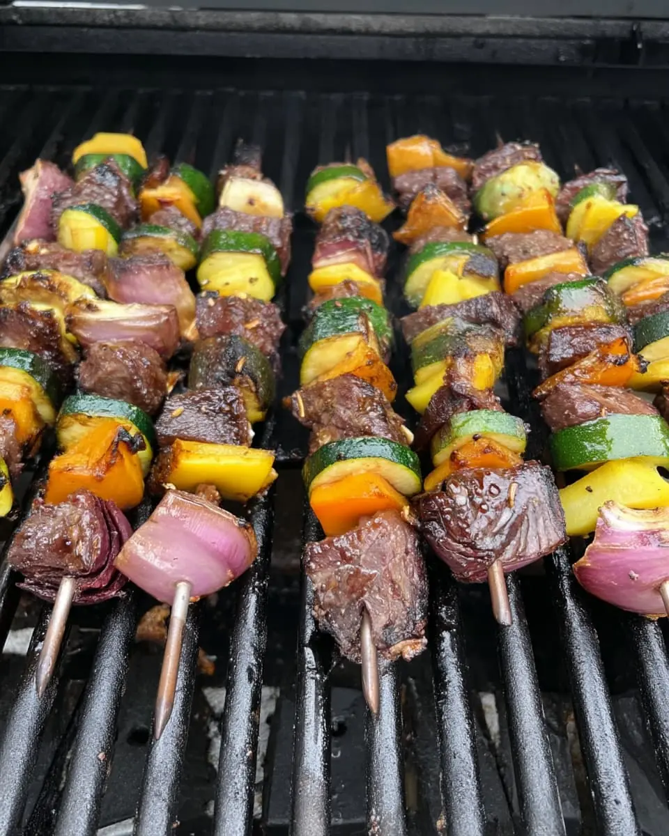 Marinated beef kabobs with zucchini, yellow bell pepper, and red onion sizzling on a hot grill.