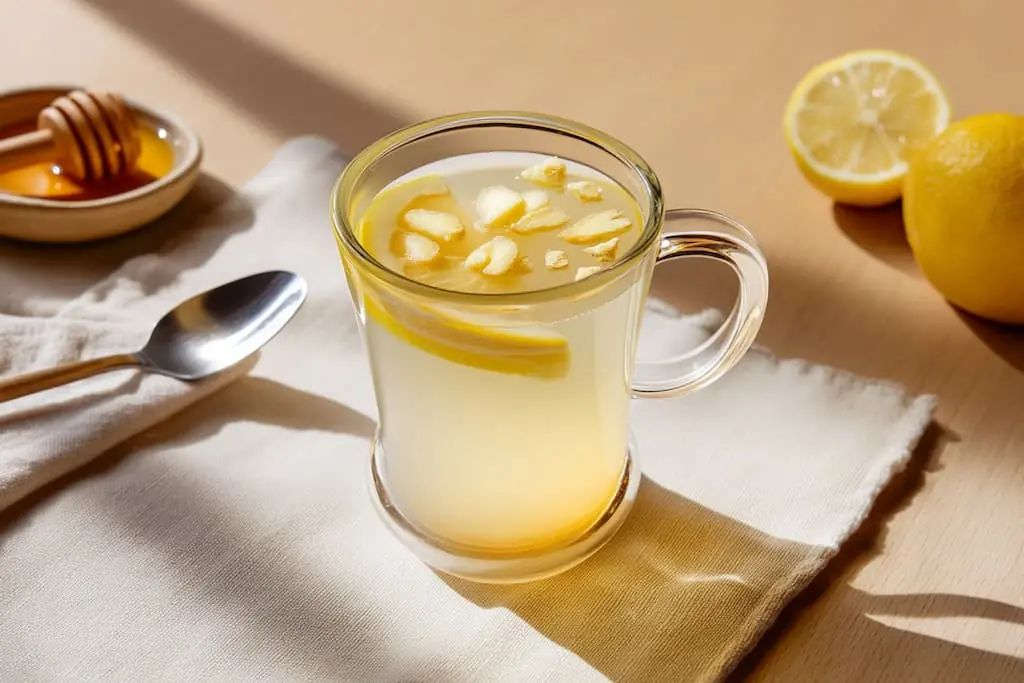 Clear glass mug filled with golden ginger lemon wellness tonic showing floating ginger pieces and lemon slices, with honey and fresh lemon in background