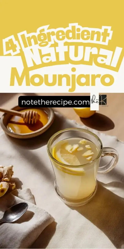 Pinterest pin graphic with yellow background showing 4 Ingredient Natural Mounjaro recipe title above photo of ginger lemon wellness tonic with notetherecipe.com website branding