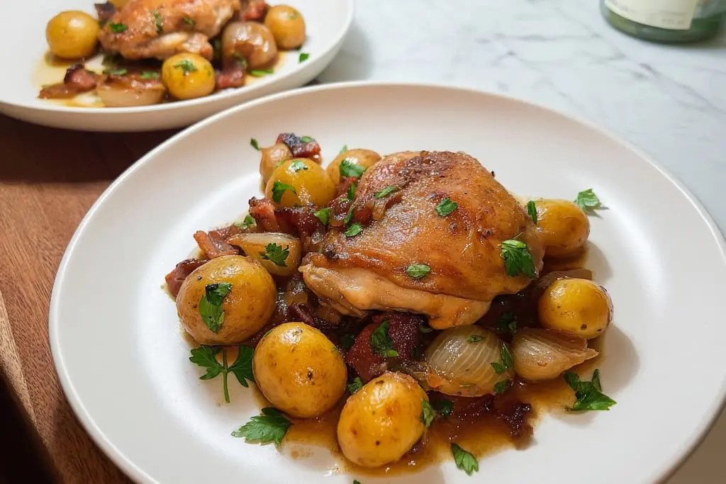 Glazed chicken thigh with golden baby potatoes, bacon pieces, and pearl onions on white plate, coated in amber apple cider glaze and garnished with fresh parsley