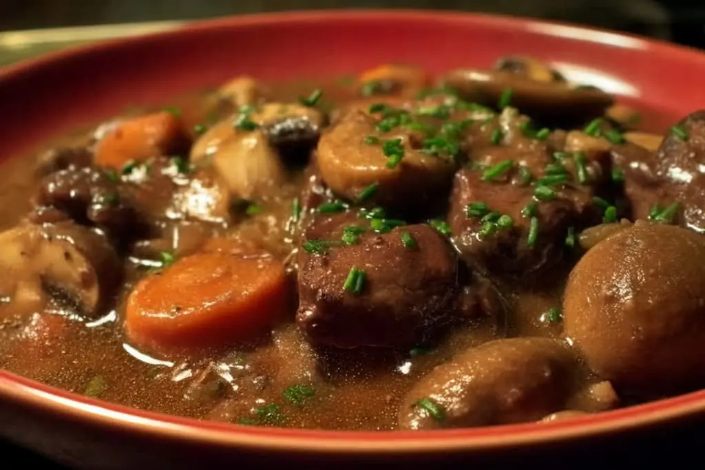 Close-up of beef bourguignon showing tender beef pieces, mushrooms and carrots in glossy wine sauce, garnished with fresh parsley in red bowl
