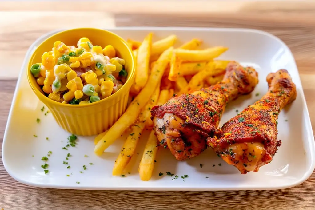 Crispy air fryer chicken drumsticks on white plate with golden french fries and corn salad in yellow bowl, garnished with fresh parsley