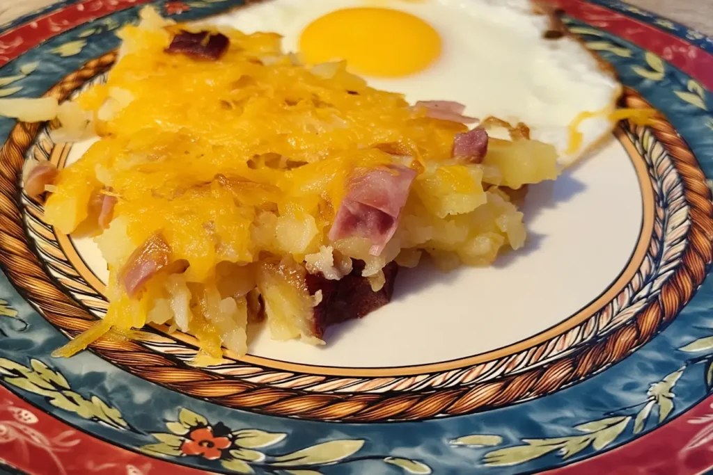 Close-up of cheesy ranch potatoes and smoked sausage casserole on a patterned plate, topped with melted cheddar and paired with a sunny-side-up egg.