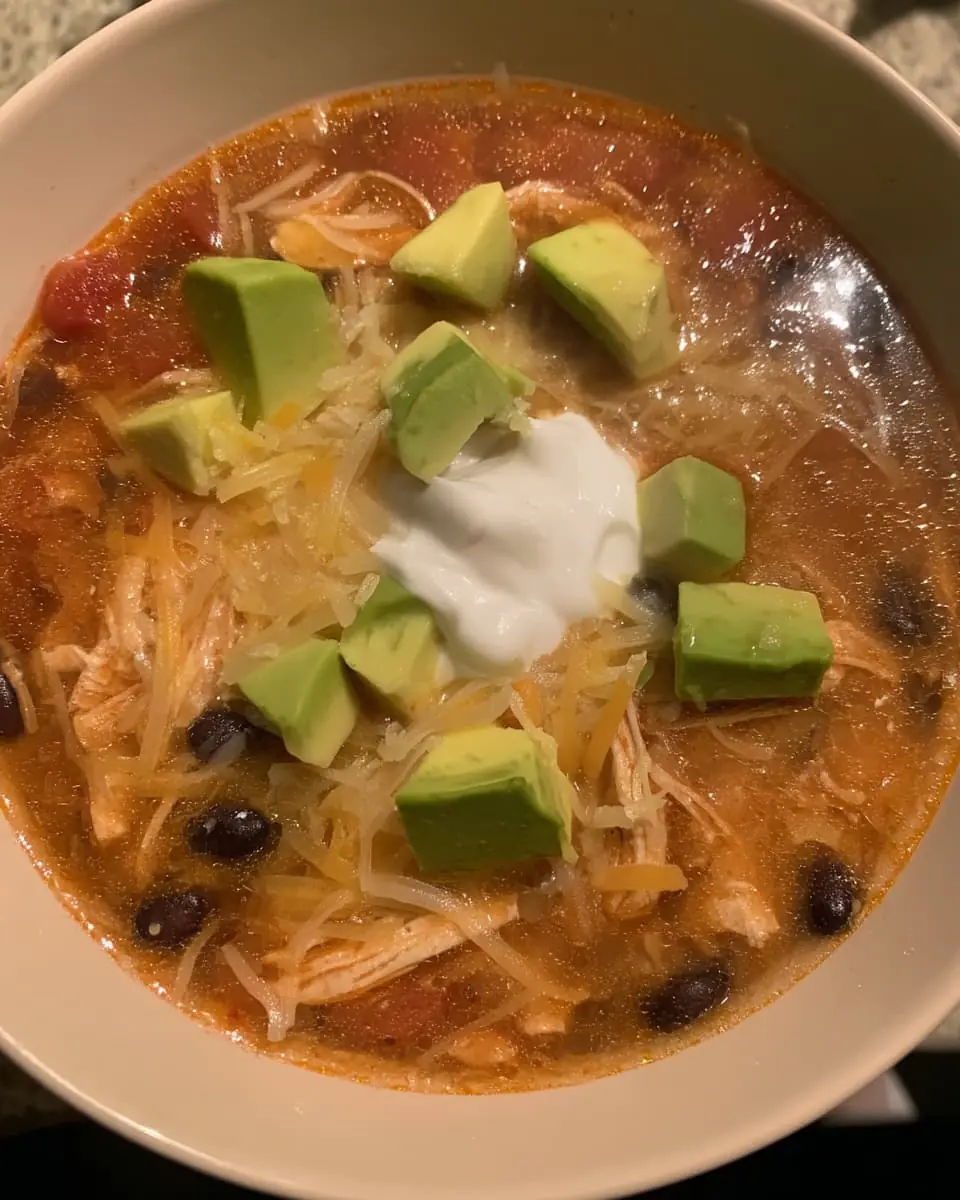 Overhead view of chicken enchilada soup in a white bowl, garnished with avocado cubes, shredded cheese, sour cream, and black beans.