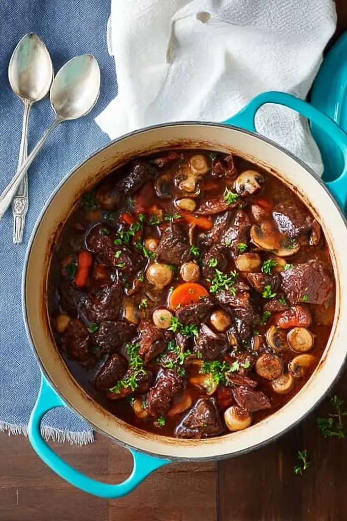 Classic beef bourguignon in turquoise Dutch oven with tender beef, mushrooms, carrots and pearl onions, garnished with fresh parsley on blue linen with silver spoons