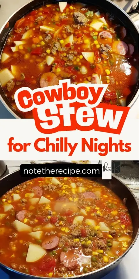 A vibrant pot of Texas-style cowboy stew packed with ground beef, smoked kielbasa, diced potatoes, corn, peas, and tomatoes. Simmered on the stovetop, this comforting one-pot meal is perfect for easy crockpot dinners or make-ahead freezer meals.