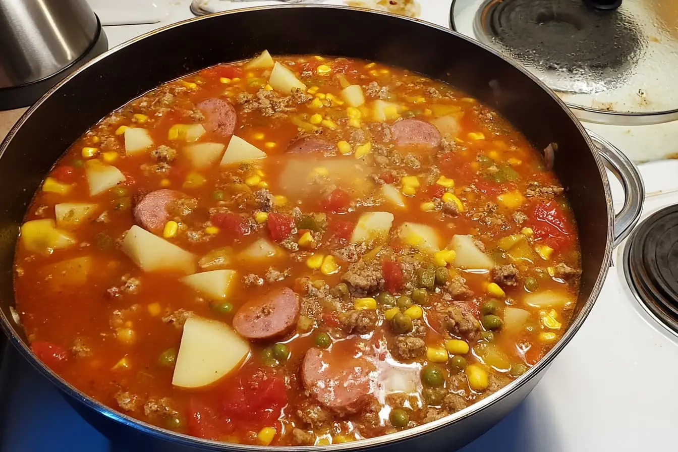 Homemade cowboy stew simmering in a large black skillet with ground beef, kielbasa slices, diced potatoes, corn kernels, and rich tomato broth