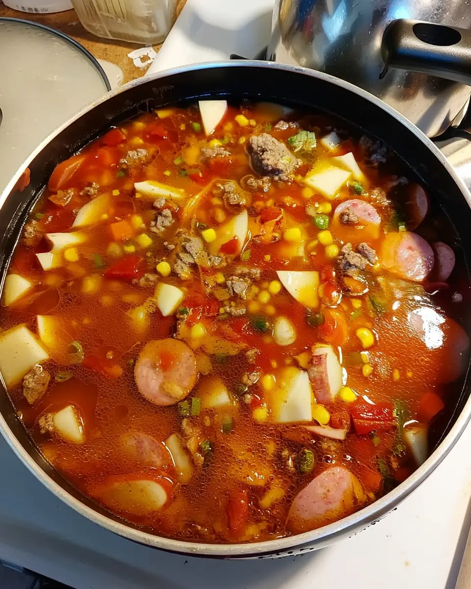 Texas cowboy stew bubbling in a black cast iron skillet with chunks of ground beef, sliced kielbasa, diced potatoes, corn, and rich tomato broth

