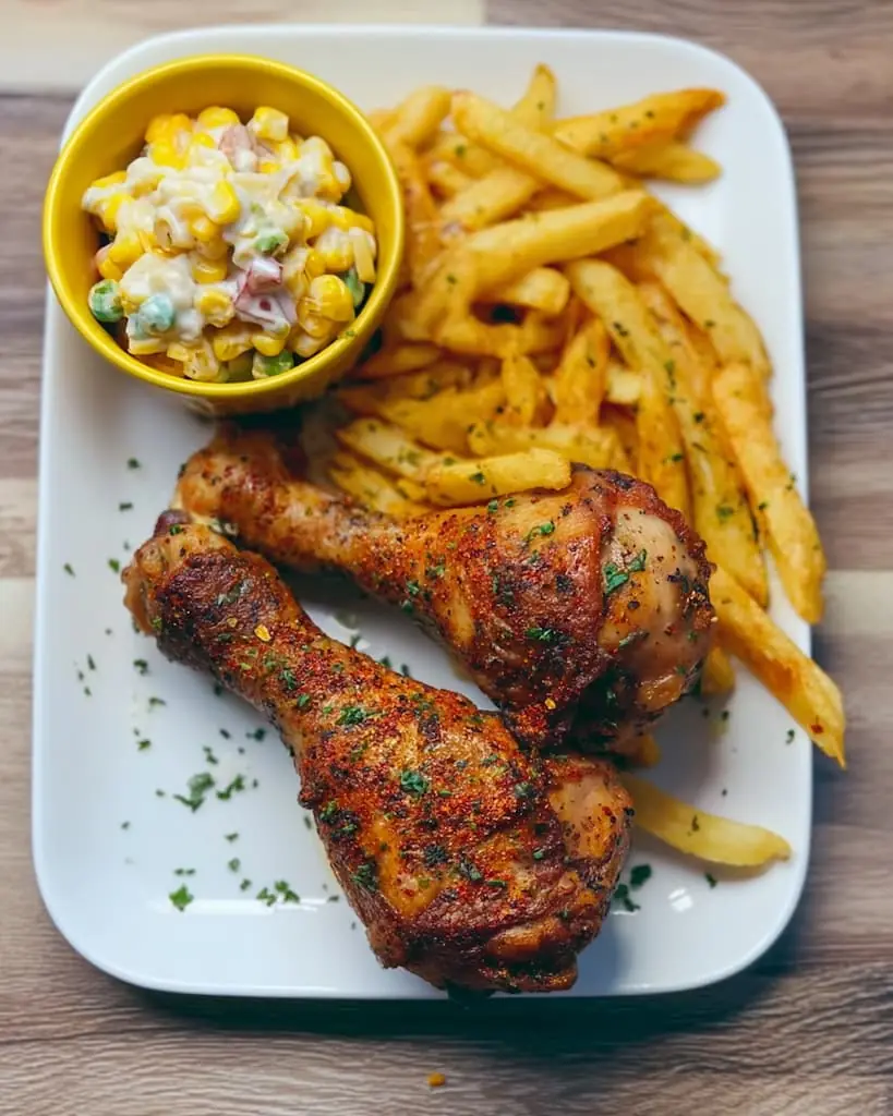 Golden brown air fryer chicken drumsticks on white plate with seasoned french fries and corn salad in yellow bowl