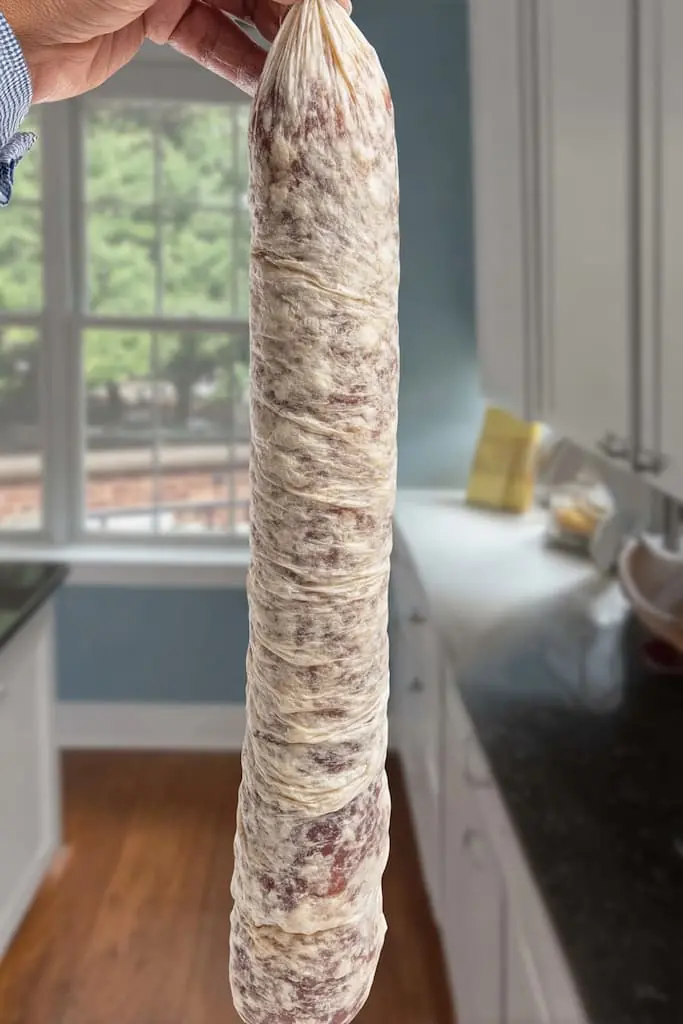 A hand holding up a long, fully cured link of homemade Genoa salami, which is covered in a wrinkly casing and a harmless, powdery white mold, with a home kitchen in the background.