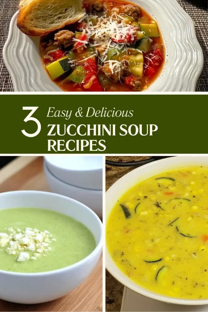 Three different zucchini soups in white bowls - chunky Italian sausage soup with vegetables and cheese, smooth green creamy zucchini soup with white cheese crumbles, and golden corn chowder with zucchini pieces