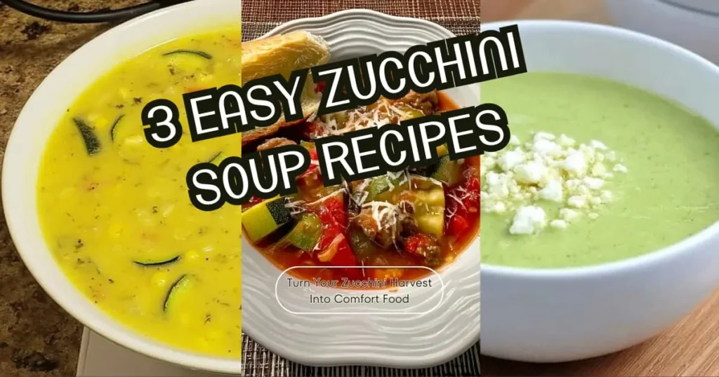 Three bowls of different zucchini soups showing creamy yellow corn chowder, chunky Italian sausage soup, and smooth green zucchini soup on a wooden table