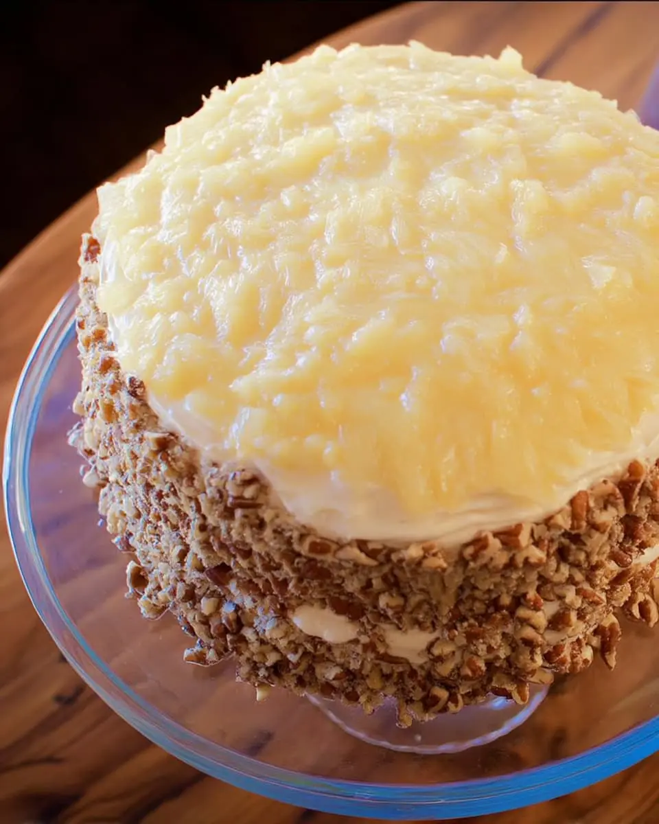 Whole Elvis Presley cake on a glass stand, sides coated in chopped pecans and top covered with glossy crushed pineapple.