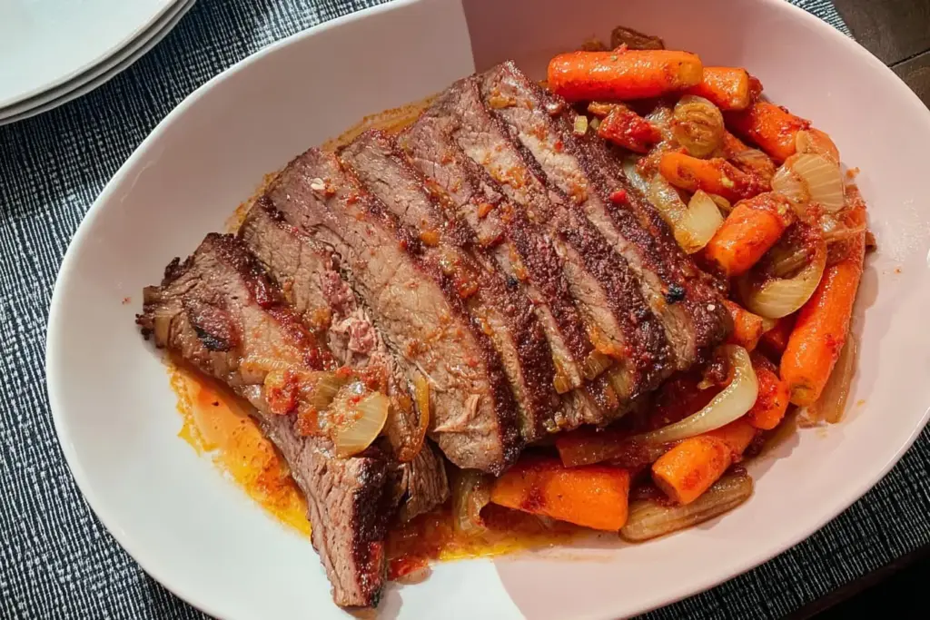Sliced French onion brisket on white plate with tender carrots and onions in rich brown sauce
