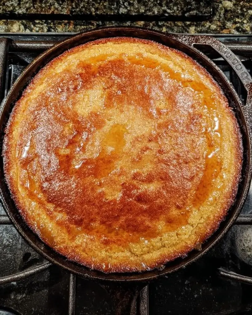 Overhead view of golden honey butter skillet cornbread in a cast-iron pan, showing its glistening top and crispy edges.