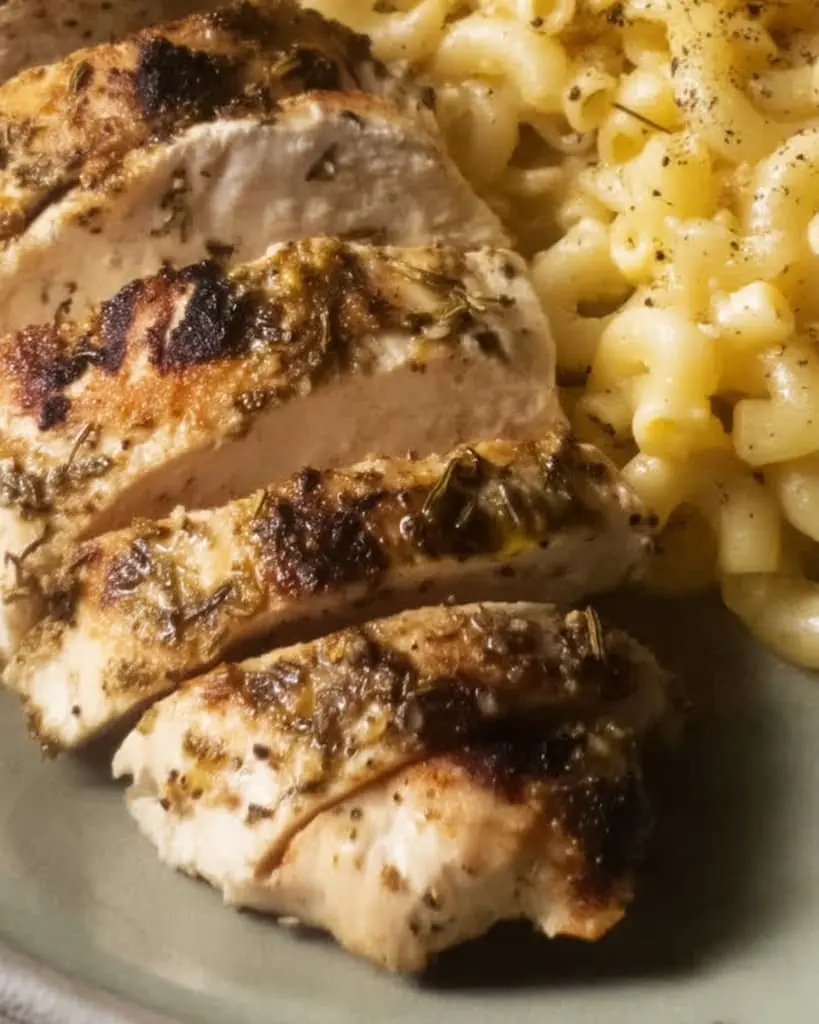 Sliced grilled chicken breast with golden brown grill marks served alongside creamy pasta, showing juicy interior from lemon herb marinade