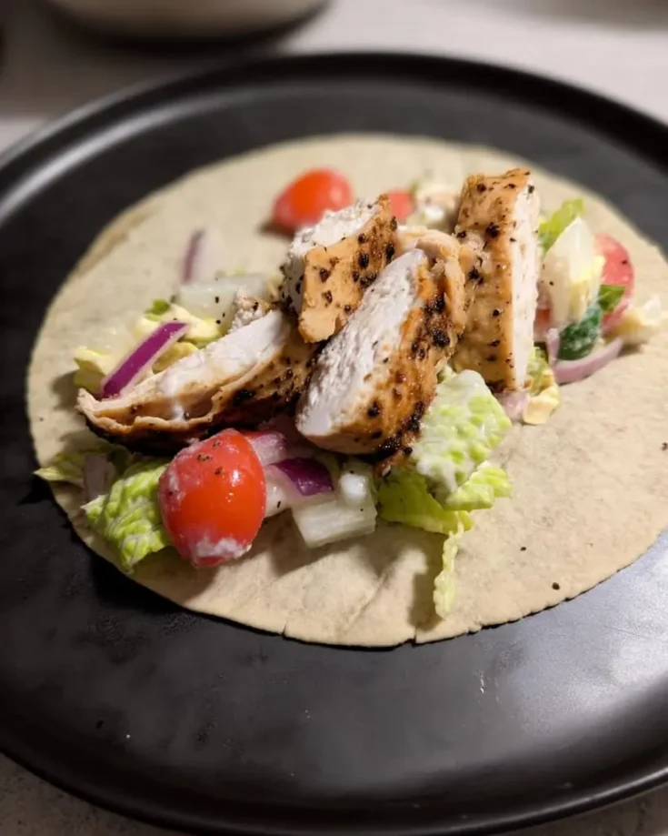 Grilled chicken Caesar wrap with seasoned chicken strips, romaine lettuce, cherry tomatoes, and red onion in a flour tortilla on a dark plate