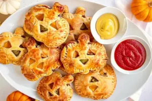 Platter of golden jack-o-lantern hand pies with carved pumpkin faces served with ketchup and mustard for dipping