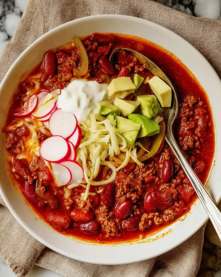 Bowl of hearty white chili with ground beef topped with sour cream, diced avocado, sliced radishes, and shredded cheese