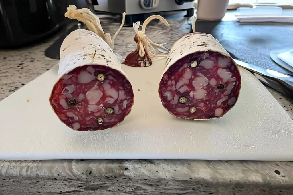 Two thick cross-sections of homemade Genoa salami with white mold casing, marbled red meat and white pork fat, and whole black peppercorns, placed on a white cutting board on a speckled kitchen countertop.