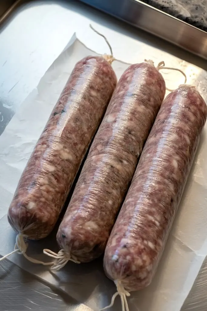 Three large links of raw, uncured homemade Genoa salami, pink with flecks of fat and peppercorns, tied with string and resting on white parchment paper in a metal tray.