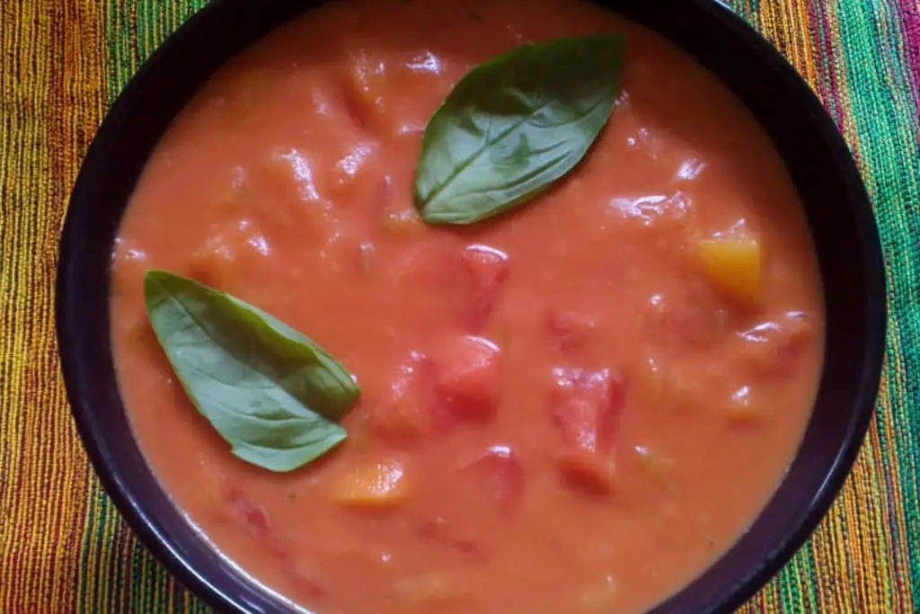 Chunky roasted tomato basil soup in a black bowl with fresh basil leaves floating on top, served on a colorful striped placemat