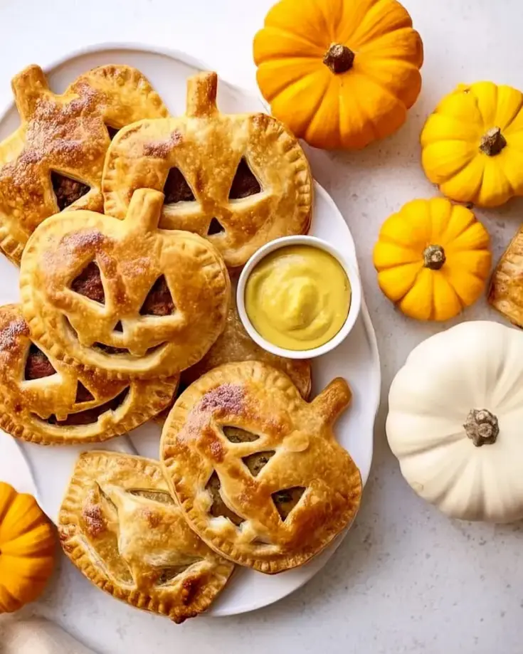 Golden puff pastry hand pies shaped like jack-o-lanterns with carved faces, served on white plate with mustard