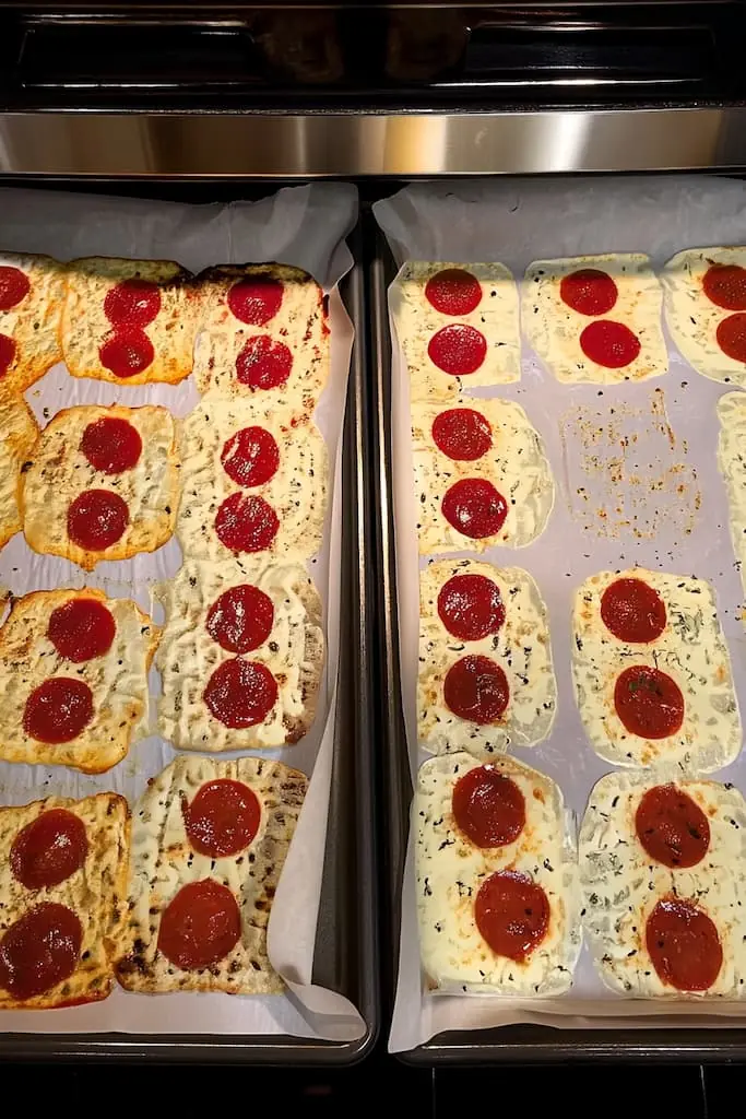 Two baking sheets of golden brown keto pizza roll-ups with melted cheese, pepperoni, and Italian seasoning ready to roll