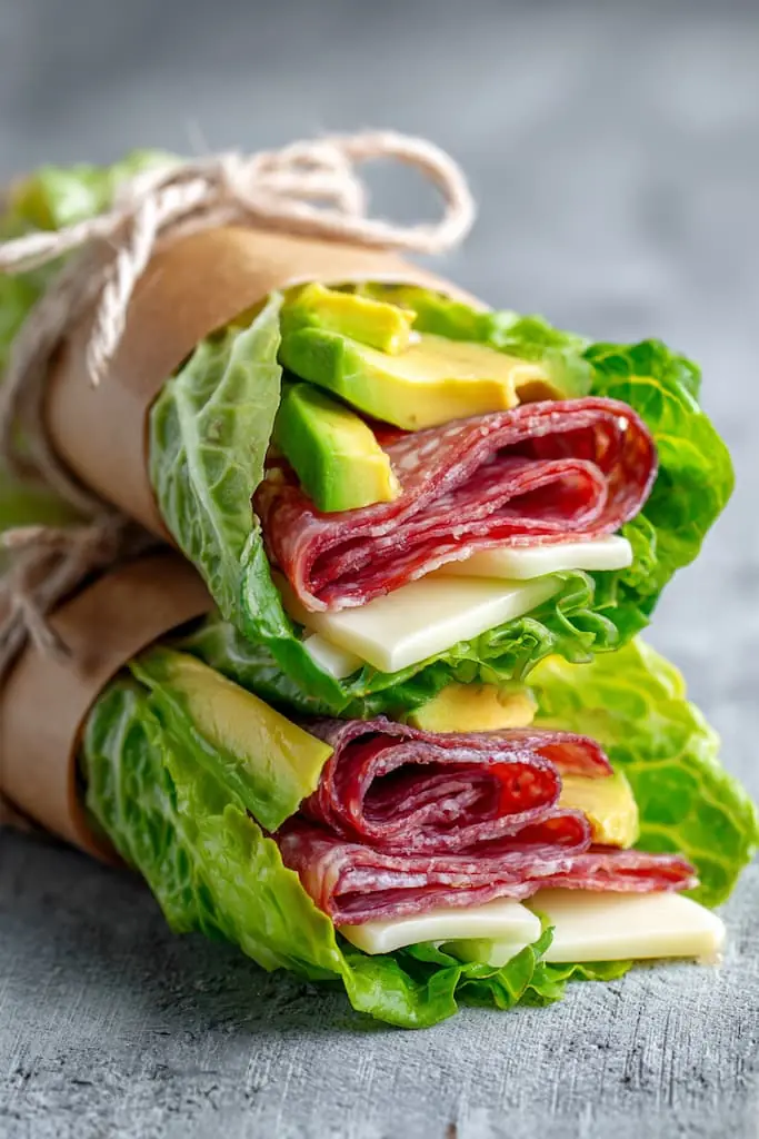 Two keto lettuce wraps filled with hard salami, white cheese slices, and avocado pieces, tied with parchment paper string on gray surface