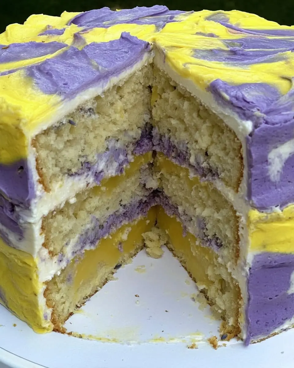 Cross-section of a lemon lavender cake with purple and yellow buttercream and bright lemon curd layers.