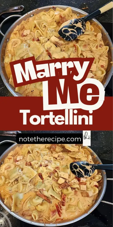 Overhead view of a bubbling skillet filled with marry me chicken tortellini: cheese-stuffed pasta coated in a rich sundried-tomato cream sauce with diced chicken and bacon, ready for a quick weeknight dinner.