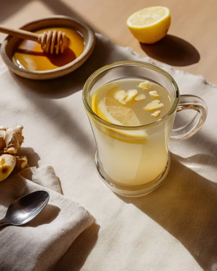Glass mug of golden ginger lemon wellness tonic with lemon slices floating on top, honey bowl and fresh ginger root on beige linen background