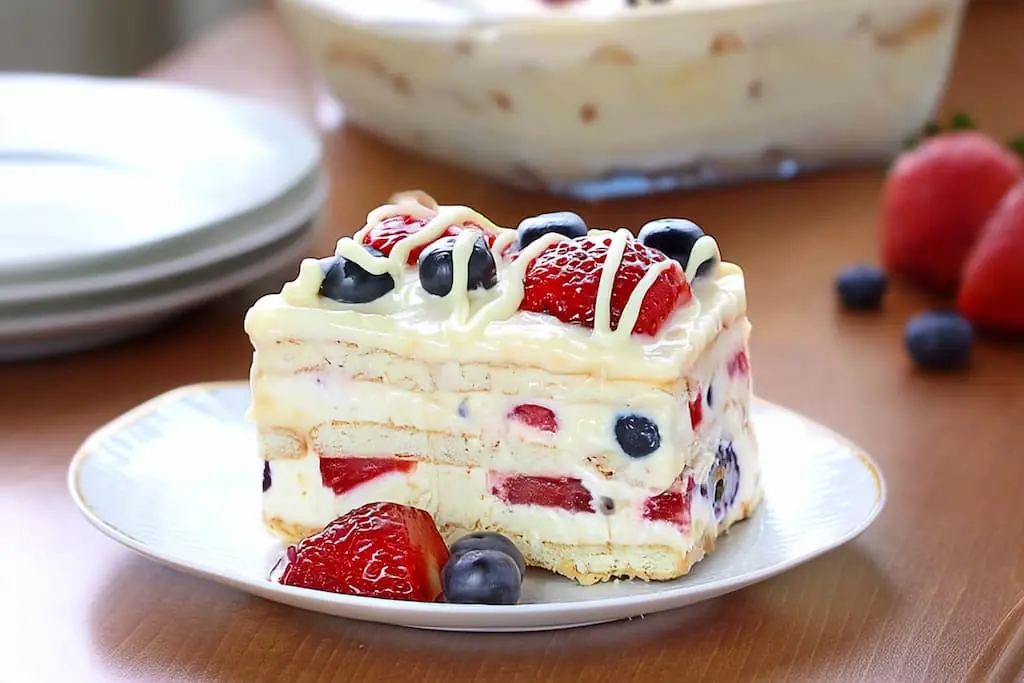 Slice of no bake berry icebox cake on white plate showing distinct cream pudding layers with strawberries and blueberries, topped with white chocolate drizzle