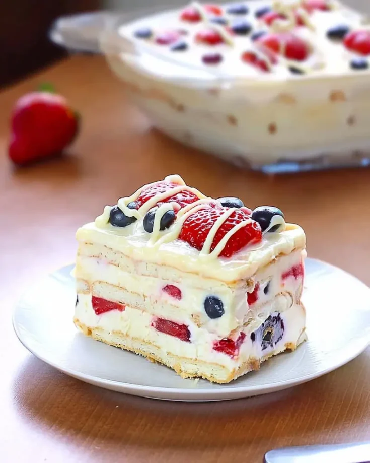 Slice of layered no bake berry icebox cake on white plate showing cream cheese pudding layers, fresh strawberries and blueberries, with white chocolate drizzle on top
