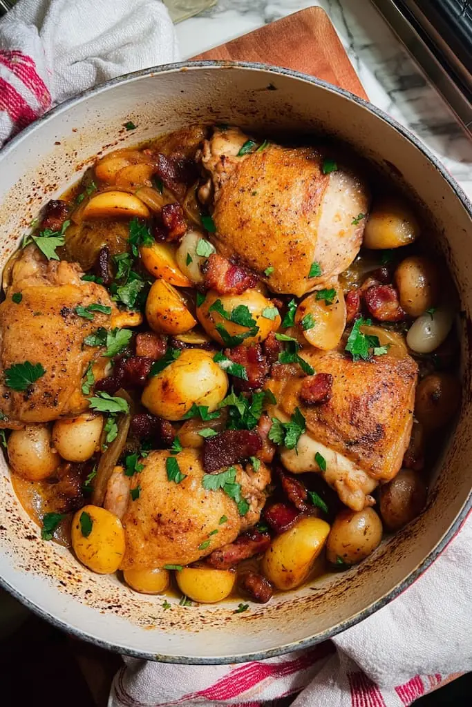 Apple cider glazed chicken thighs with bacon and baby potatoes cooking in white enamel Dutch oven, garnished with fresh parsley